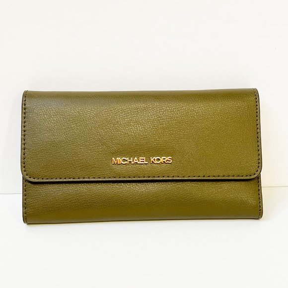 Michael Kors Jet Set Travel Large Trifold Wallet Green Duffle - Picture 1 of 9